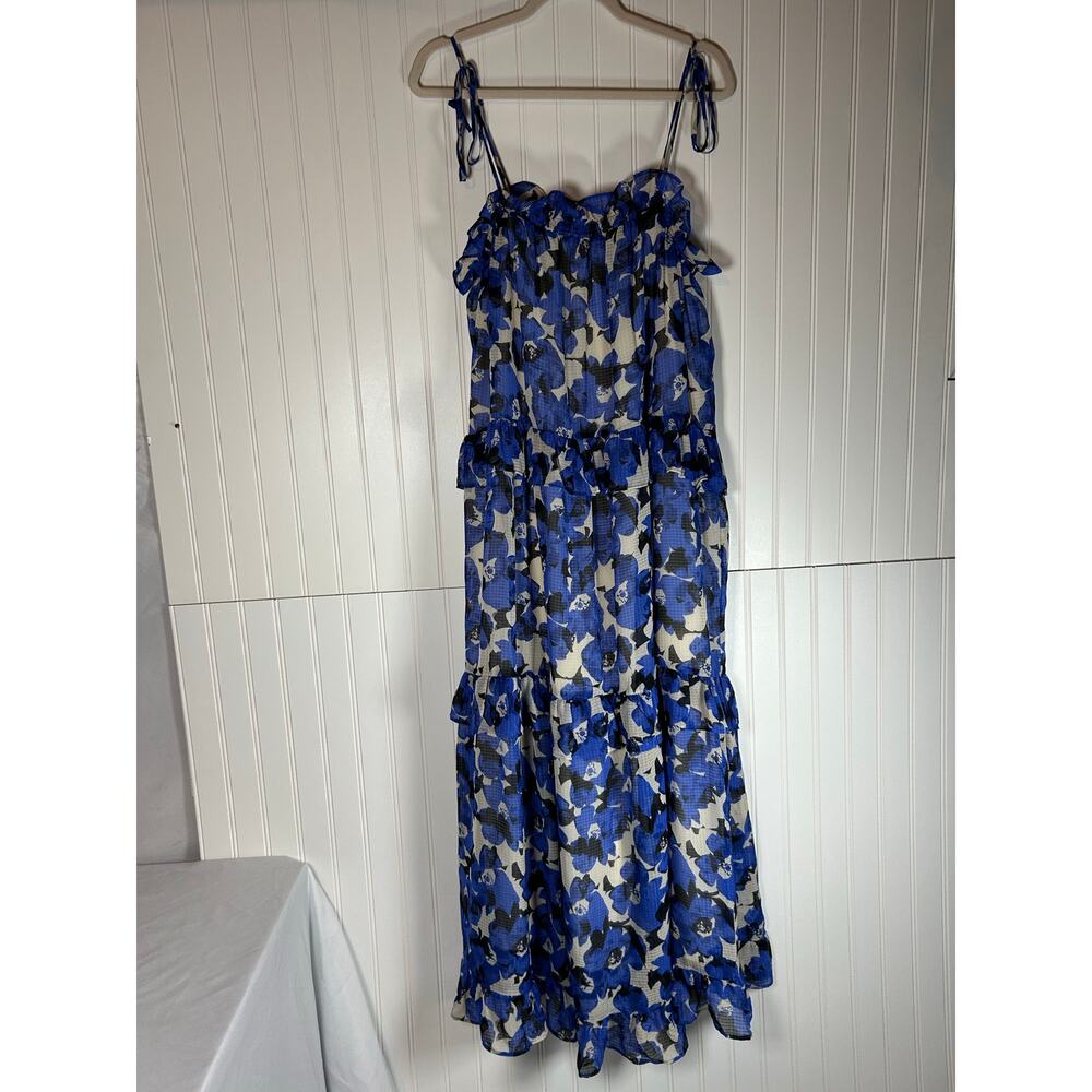 Who What Wear Maxi summer Dress Blue Black Floral Strappy Tiered Ruffle Lined L
